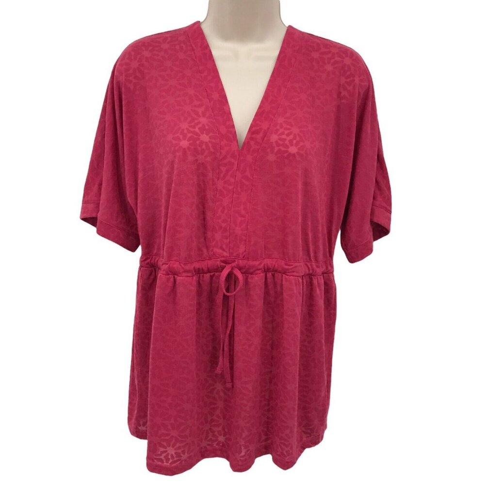 Columbia Women's Pink Floral V Neck Lightweight Drawstring Waist Blouse Top Sz M